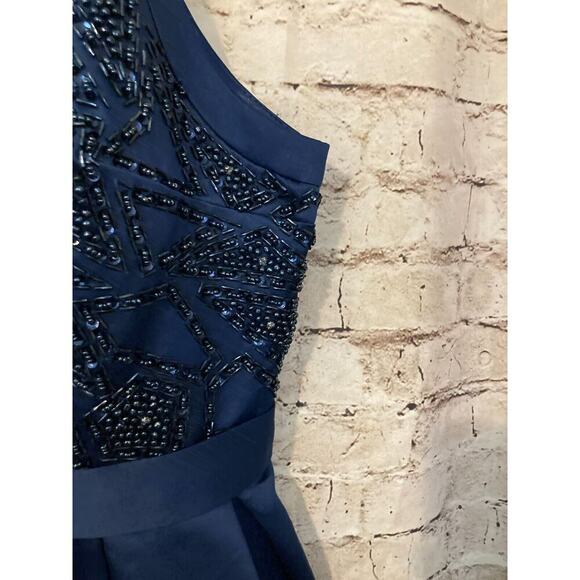 Neblon Poly USA Dress Womens XL Evening Navy Blue Satin Beaded Halter Party Zip - Picture 9 of 15